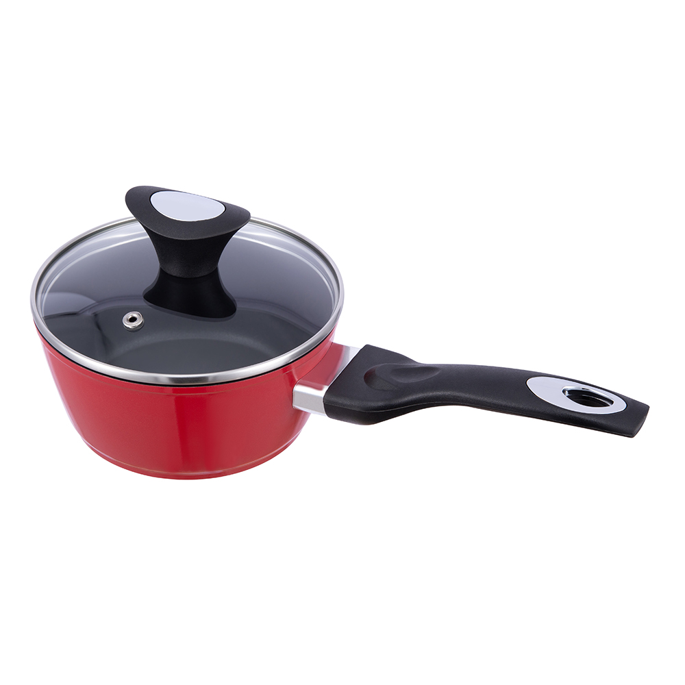 Periuk aluminium tidak melekat hitam/merah 16*7.5cm dengan penutup kaca JY-RF29-1-1675